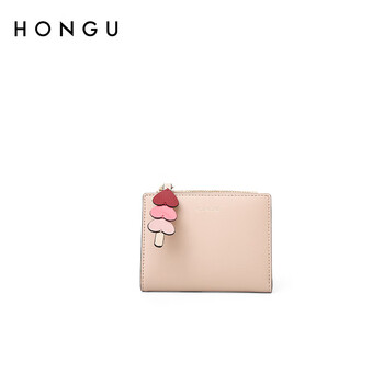 Honggu genuine leather women's wallet 2025 spring and summer new fashion cowhide wallet women's short zipper coin multi-card slot wallet apricot