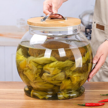 Deermei glass pickle jar thickened high temperature resistant glass jar sichuan pickle jar large capacity pickle jar pickle jar round ball model non-heat resistant capacity 12l bamboo lid