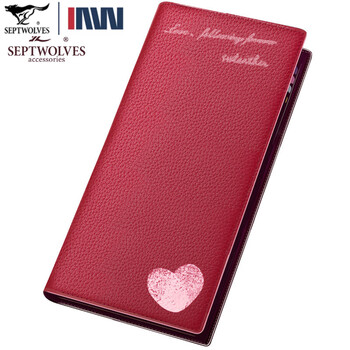 Septwolves couple wallet genuine leather long pair of men's and women's wallets soft cowhide fingerprint wallet valentine's gift style one rose red