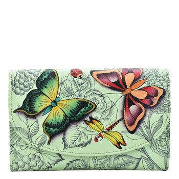 Anna by anuschka women's genuine leather hand painted large tri-fold checkbook clutch, fantasy wings sage fantasy wings sage one size