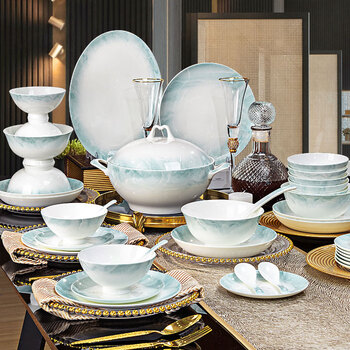 Guoyue jingdezhen bone china bowls and plates tableware underglaze color ceramic tableware complete set of creative bowls and dishes home moving tableware set yunjin wanli underglaze color gift box set 60 pieces