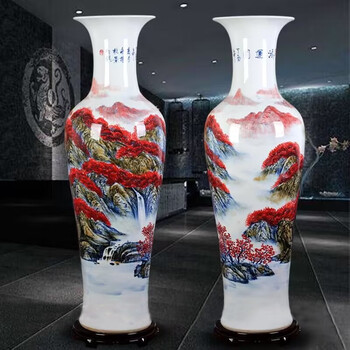 Zhou kedu jingdezhen ceramic hand-painted underglaze red blue and white landscape floor-standing large vase home living room decoration ornaments for gifts hand-painted <lucky picture> one + base 120cm