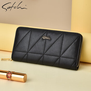 Sachi women's bag genuine leather wallet long wallet 2026 new brand mobile phone bag ticket holder coin purse genuine leather clutch bag for women black gift box packaging