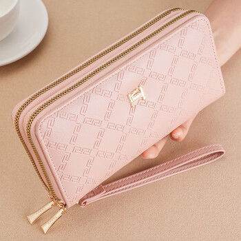 Kui ying women's wallet long double zipper mobile phone bag student wallet large capacity clutch bag soft coin purse pink