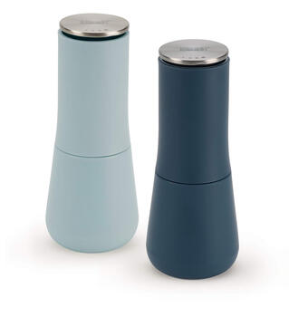 Joseph joseph inverted anti-spill salt and pepper grinder set of 2, ceramic grinding core, adjustable thickness, manual rotation, blue