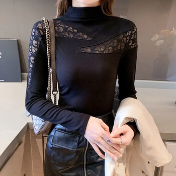 Chonglin bottoming shirt for women 2025 autumn and winter new fashion design knitted long-sleeved half-high collar with spliced lace top black l 100-110 catties