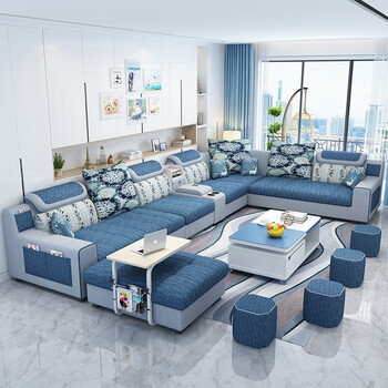 Ouhuo simple modern fabric sofa large apartment removable and washable corner u-shaped living room furniture no-wash technology fabric sofa six-piece set + coffee table