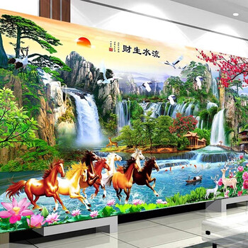 Kecss flowing water makes wealth cross stitch living room 2025 new thread embroidery scenery landscape painting full embroidery eight horses picture self-embroidered handmade cotton thread 150*70cm medium grid 3 strands