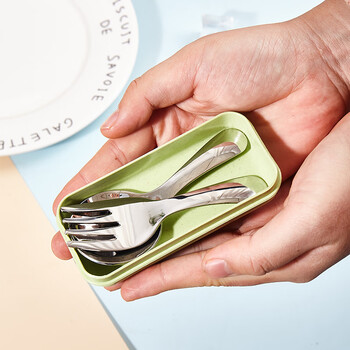 Household stainless steel portable spoon fork short handle fork spoon student eating dessert spoon fork travel mini tableware silver spoon and fork pair (come with box)