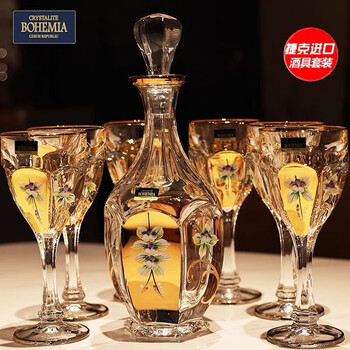Bohemia czech imported bohemia crystal glass creative enamel flower red wine wine glass goblet wine set enamel red wine glass 7-piece set 6 cups + 1 bottle