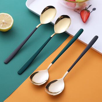Pick-up stainless steel spoon thickened long handle main meal spoon coffee spoon dessert ice cream spoon black and green color 4 pack