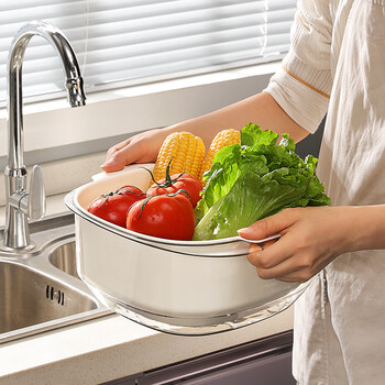 Shangpin xuanyin vegetable washing basket double-layer drain basket household multi-functional fruit washing basket kitchen thickened transparent vegetable washing basin white