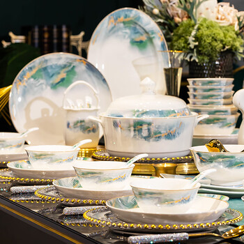 Yanhuai bowl and dish set for home use 2025 high-looking tableware set light luxury gold-rimmed bowl and plate high-end bowl set housewarming gift 4 people 22 pieces with soup bowl ordinary packaging