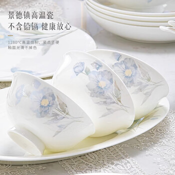 Porcelain pioneer jingdezhen 2025 new high temperature underglaze colored bowl and dishes set for household chinese bone china ceramic tableware for household household underglaze color丨microwaveable gift box 62-piece set