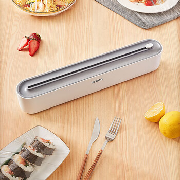 Ecoco kitchen disposable cling film cutter household cling film cover food special cutting box wall hanging refrigerator artifact metal gray with back sticker + free 1 roll of cling film