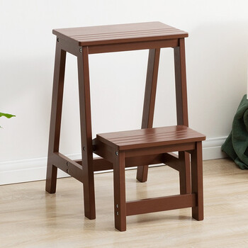 Trojan solid wood folding household ladder stool step ladder climbing stool step foot changing shoe low stool ladder chair pedal stair climbing ladder flip storage second floor - brown