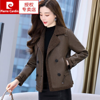 Pierre cardin light luxury high-end fur integrated lamb wool coat for women 2022 autumn and winter new style plus velvet thickened short leather coffee color m