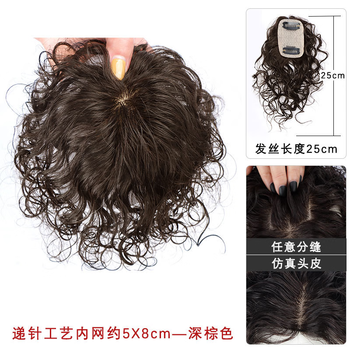 Tangni swiss net curly hair wig piece female real hair covering white hair, fluffy increase hair volume, natural traceless long-lasting perm replacement hair piece, needle imitation skin head spinner 5*8-25cm curly hair, dark brown