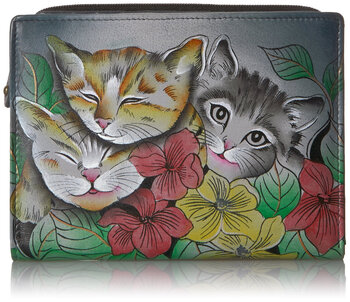 Anna by anuschka women's hand-painted genuine leather folding clutch three kittens s