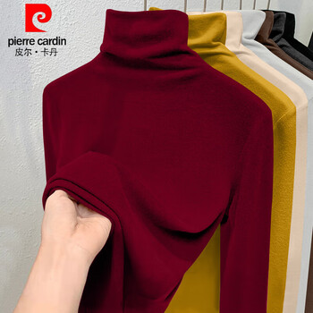 Pierre cardin double-sided german velvet turtleneck bottoming shirt for women, autumn and winter 2023 new velvet thickened pile collar long-sleeved top, burgundy xl suitable for 110-125 pounds