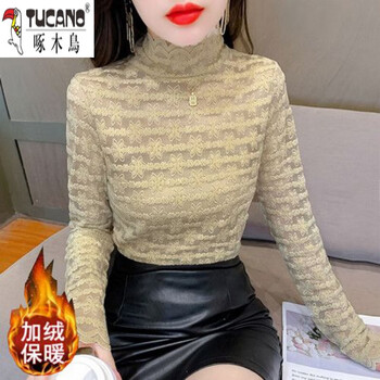 Woodpecker (tucano) 2025 new half-turtle collar lace bottoming shirt for women in autumn and winter, western-style blouse, long-sleeved crocheted mesh top