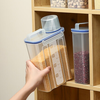 General meal bucket japanese-style grain storage tank sealed household rice tank storage box rice storage box with measuring cup 2l (transparent blue ring) large size with portable