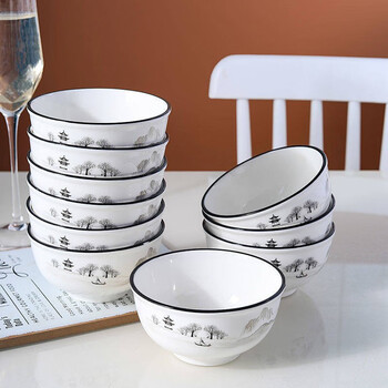 Du geng 10-piece household dining bowl ceramic bowl combination set tableware ceramic rice bowl small porcelain bowl jiangshan picturesque multi-purpose bowl 4.5 inches 10 pieces