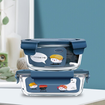 Pick up painting crisper microwave lunch box 2-piece set high borosilicate heat-resistant glass lunch box length 680ml + round 660ml