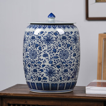 Junxiang jingdezhen ceramic rice bucket insect-proof rice tank grain sealed tank grain storage tank moisture-proof flour barrel rice container 20 pounds blue and white lotus rice tank