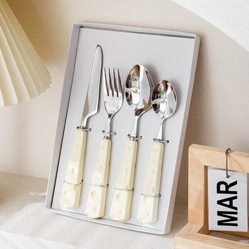 Cm live cute ins style stainless steel knife, fork and spoon, cream knife, fork and spoon, household high-looking high-value spoon, cheese handle-cutlery and spoon 4-piece set