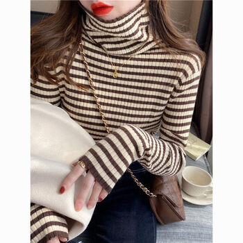 Feisi shimachi striped turtleneck bottoming shirt for women, autumn and winter style inner wear, new versatile sweater, knitted bottoming inner wear top for women, khaki stripes, one size fits all, large elasticity