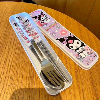 Zisiz cartoon kuromi children's portable tableware melody stainless steel spoon chopsticks student school set jade dog 3-piece set kuromi spoon + fork + chopsticks