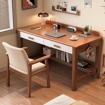 Solid wood desk, simple home desk, adult computer desk, student study desk, bedroom desk and chair, walnut color thickened single table 120*60*75cm (double drawers)
