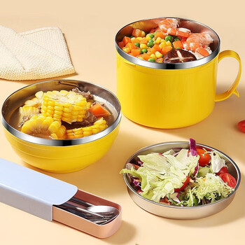 Baijie stainless steel instant noodle bowl with lid lunch box, student office worker, large capacity drained instant noodle bowl, fast food cup, yellow cartoon instant noodle bowl, free tableware 1400ml, fashionable style