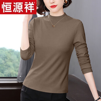 Hengyuanxiang middle-aged mother's half turtleneck bottoming shirt for women, spring and autumn 2025 new style mid-collar slim long-sleeved t-shirt top, mocha color l, suitable for 90-110 pounds