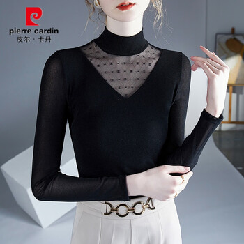 Pierre cardin half turtle neck mesh bottoming shirt women's velvet thickened autumn and winter inner t-shirt western style mother's wear lace warm top black spring autumn long sleeve thin section xl