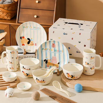 Kawashimaya cute dishes set one person tableware gift box moving to a new home best friend birthday gift girl gift box 2 persons 12-piece set (apple puppy)