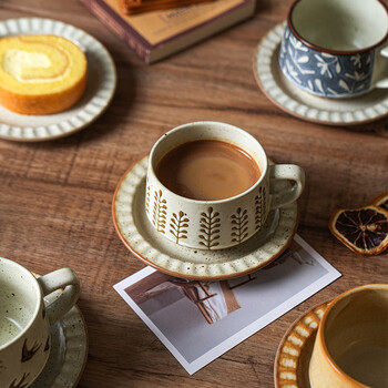 Sherry retro coffee cup and saucer set home afternoon tea latte cup high-end exquisite mug good-looking couple cup coffee cup and saucer-leaves 300ml see figure 2 for specifications