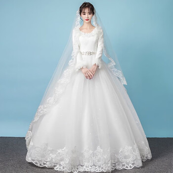 Qianban winter main wedding dress 2024 new bride warm white long-sleeved thickened french super fairy style winter female white m