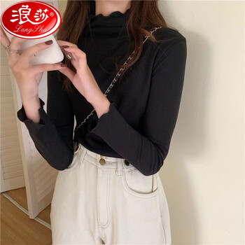 Langsha bottoming shirt for women, spring and autumn new style, half-high collar, slim fit, thin earrings, long-sleeved t-shirt top for women
