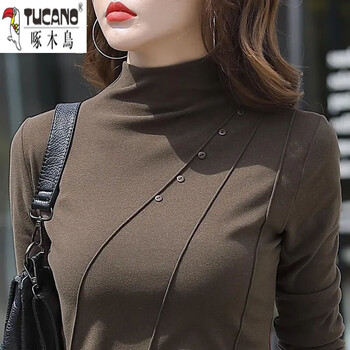 Woodpecker (tucano) german velvet half-turtle collar bottoming shirt for women in autumn and winter, long-sleeved, large size, slim fit, double-sided velvet inner layer for mom to keep warm in winter, brown l 100-115 pounds