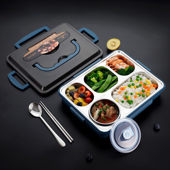 Golden key 304 stainless steel adult large five-compartment double-layer lunch box heat-insulated anti-scald lunch box 2l blue gk-540kc-b