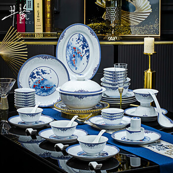 Jingdezhen blue and white porcelain exquisite tableware set, chopsticks, plates and bowls, high-end hotel housewarming gift, wedding gift, good luck, food for 10 people