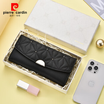 Pierre cardin wallet women's long casual women's wallet fashionable three-fold cowhide wallet female pink wallet black