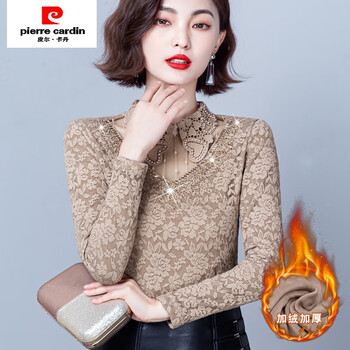 Pierre cardin lace lined velvet bottoming shirt women's 2024 autumn and winter new long sleeve top fashionable and versatile small shirt trendy camel velvet 3xl