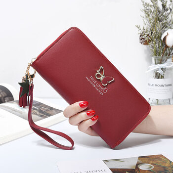 Wallet women's new korean style butterfly hollow hardware women's clutch large capacity large screen mobile phone zipper long bag burgundy