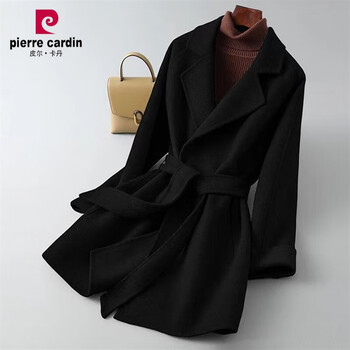 Pierre cardin woolen coat large i size women's 2025 new autumn and winter high-end mid-length woolen coat for small people black coat for small people/slimming and covering the flesh/m 106115 pounds