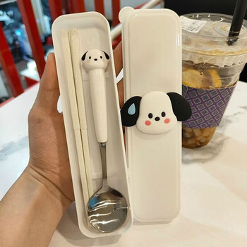 Cute three-piece set of chopsticks, spoon and fork for adults, students and office workers, stainless steel outdoor portable tableware set, spoon + chopsticks + white box