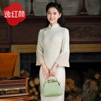 E.beauty chuntingyue 2025 autumn new arrival organ sleeve beaded stretch velvet lace cheongsam light dress off-white l