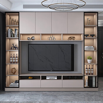 Qiangjiang wood living room tv cabinet bookcase combination all-in-one logic multifunctional background wall cabinet transparent display storage high cabinet four strips lamp length 2400x depth 400x height 2200